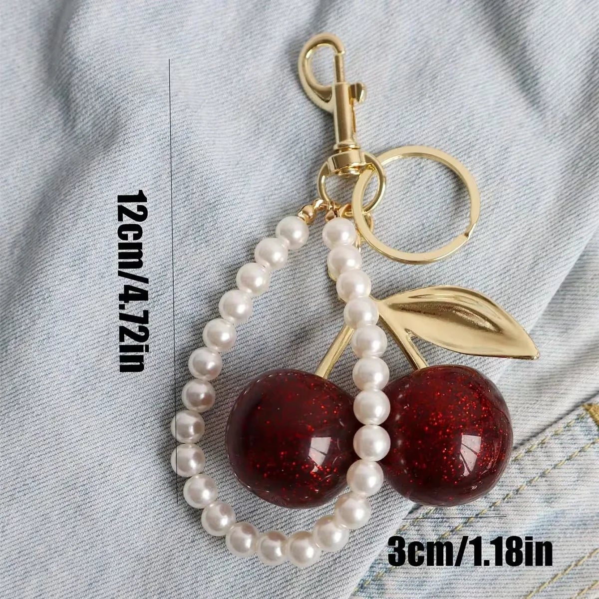 1pc For Women Cherry Keychain with Sparkling Resin Pendant Black Red Fashion Bag Decoration Charm DIY Accessories - Zevra