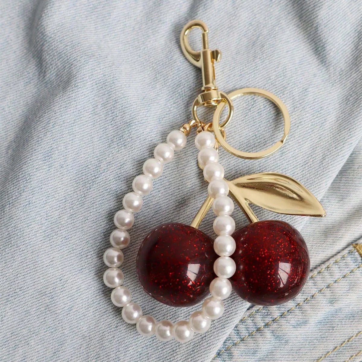 1pc For Women Cherry Keychain with Sparkling Resin Pendant Black Red Fashion Bag Decoration Charm DIY Accessories - Zevra