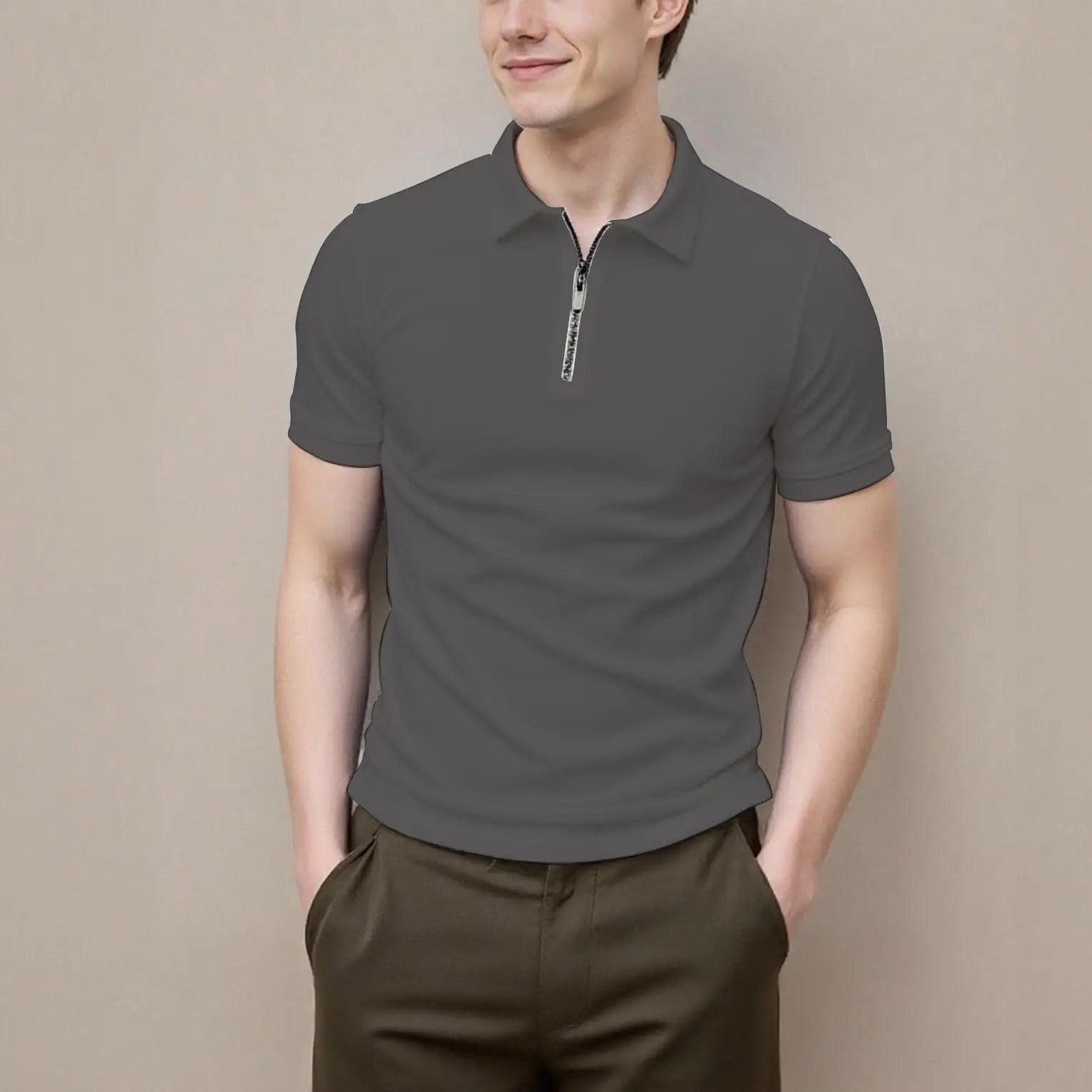 New men's summer short-sleeved zipper POLO shirt solid color casual fashion all-match lapel top men's breathable personality - Zevra Men’s clothing