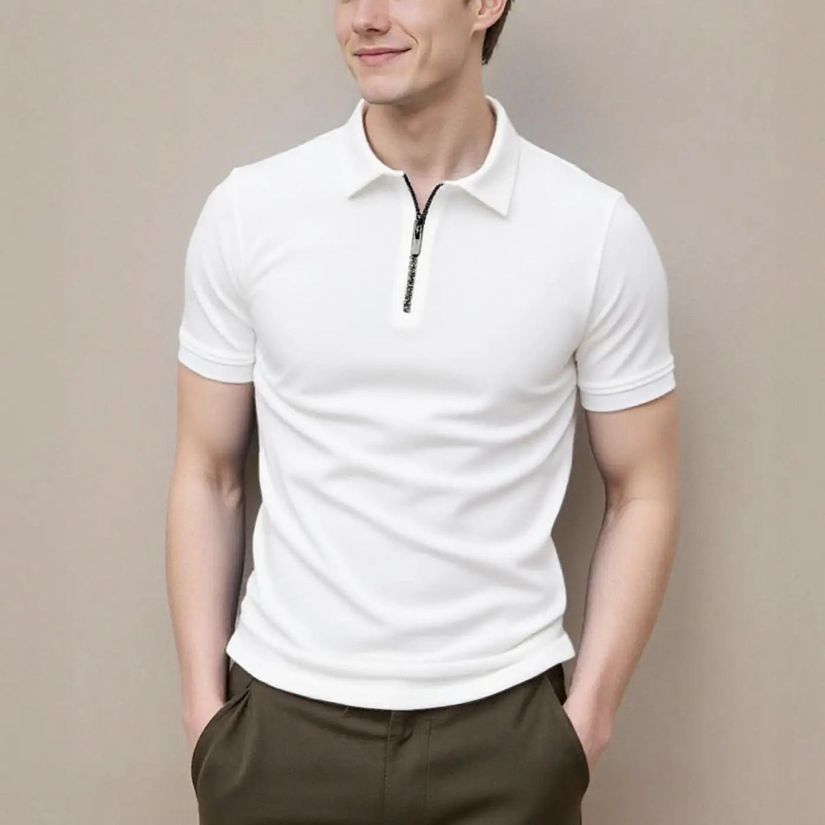 New men's summer short-sleeved zipper POLO shirt solid color casual fashion all-match lapel top men's breathable personality - Zevra Men’s clothing