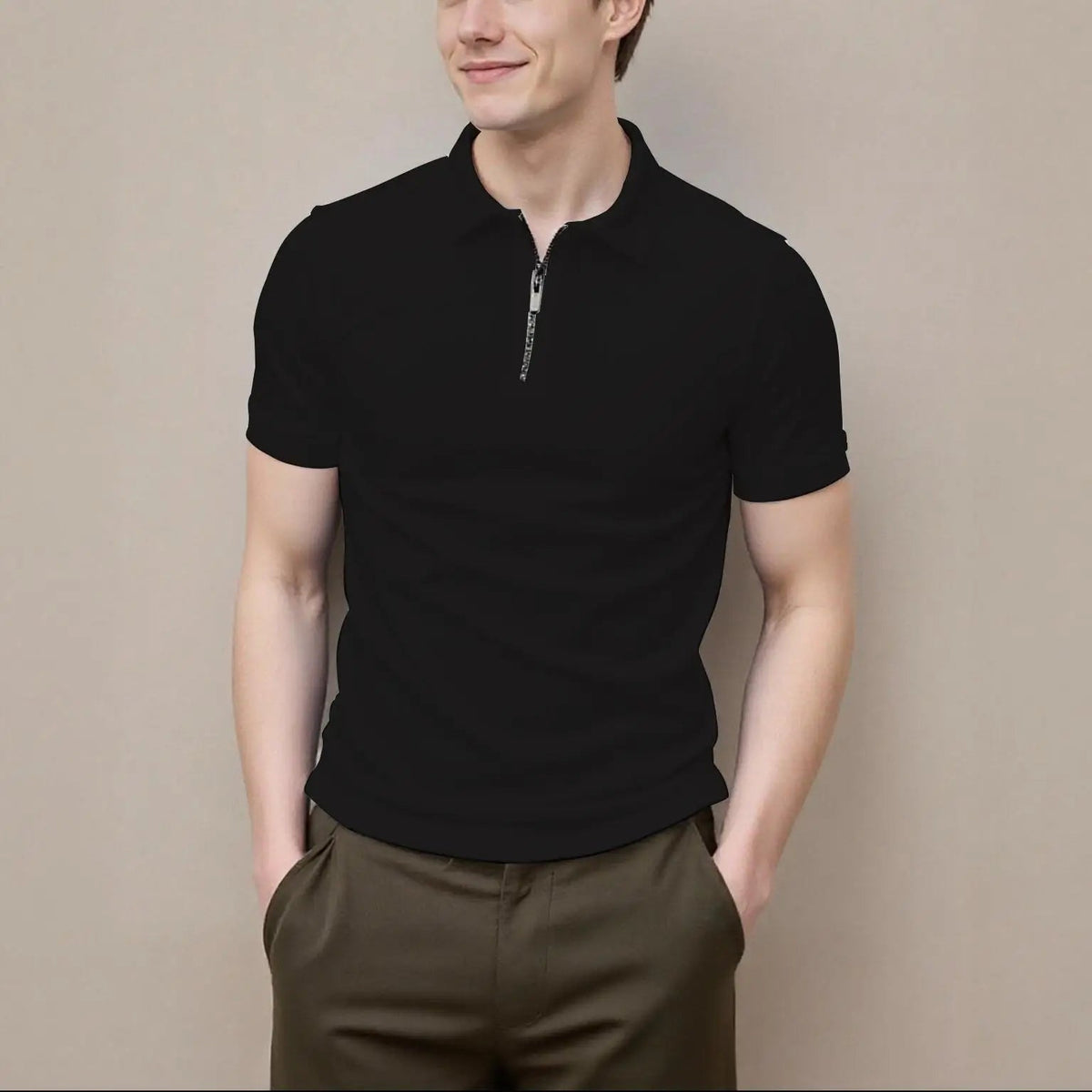New men's summer short-sleeved zipper POLO shirt solid color casual fashion all-match lapel top men's breathable personality - Zevra Men’s clothing