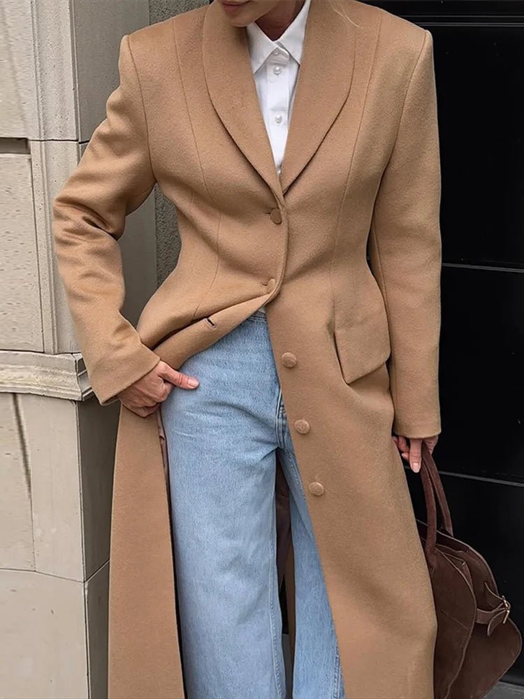 Vintage Lapel Single Breasted Long Coats Women Full Sleeve Pad Shoulder Waist-cinching Jackets Lady Autumn Chic Casual Outwear - Zevra Women’s clothing