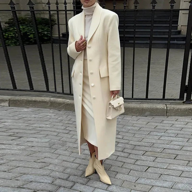 Vintage Lapel Single Breasted Long Coats Women Full Sleeve Pad Shoulder Waist-cinching Jackets Lady Autumn Chic Casual Outwear - Zevra Women’s clothing