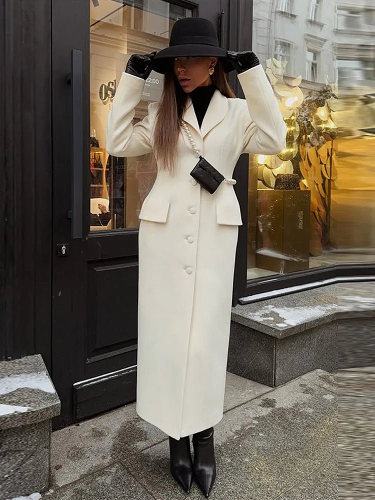 Vintage Lapel Single Breasted Long Coats Women Full Sleeve Pad Shoulder Waist-cinching Jackets Lady Autumn Chic Casual Outwear - Zevra Women’s clothing
