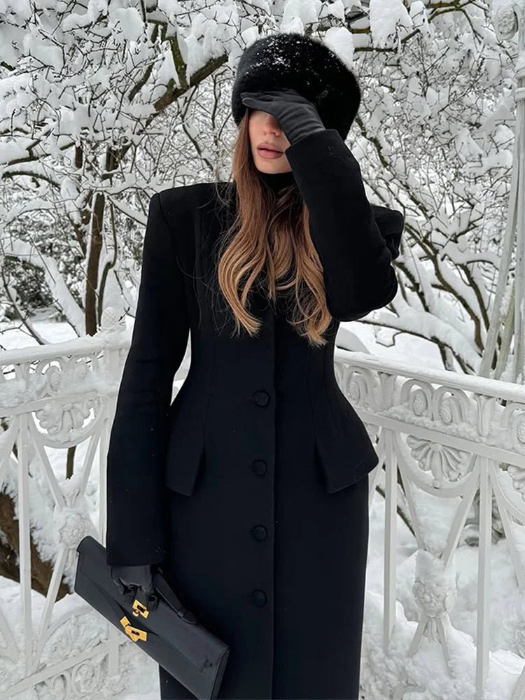 Vintage Lapel Single Breasted Long Coats Women Full Sleeve Pad Shoulder Waist-cinching Jackets Lady Autumn Chic Casual Outwear - Zevra Women’s clothing