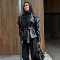 Vintage Leather Belted Jackets Women's Retro Side Zipper Stand Collar Coats With Pockets 2025 New Autumn Winter Ladies Outwear - Zevra