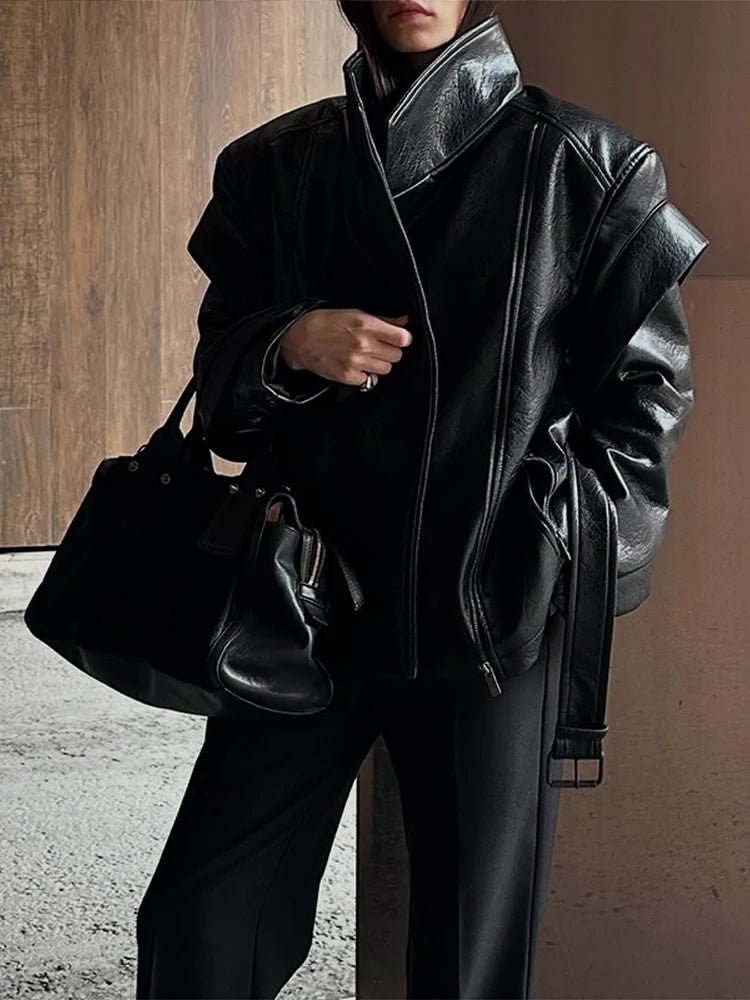 Vintage Leather Belted Jackets Women's Retro Side Zipper Stand Collar Coats With Pockets 2025 New Autumn Winter Ladies Outwear - Zevra