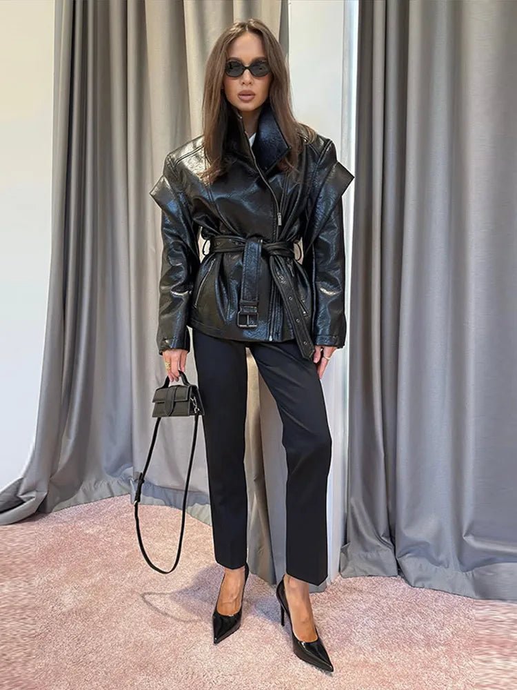 Vintage Leather Belted Jackets Women's Retro Side Zipper Stand Collar Coats With Pockets 2025 New Autumn Winter Ladies Outwear - Zevra