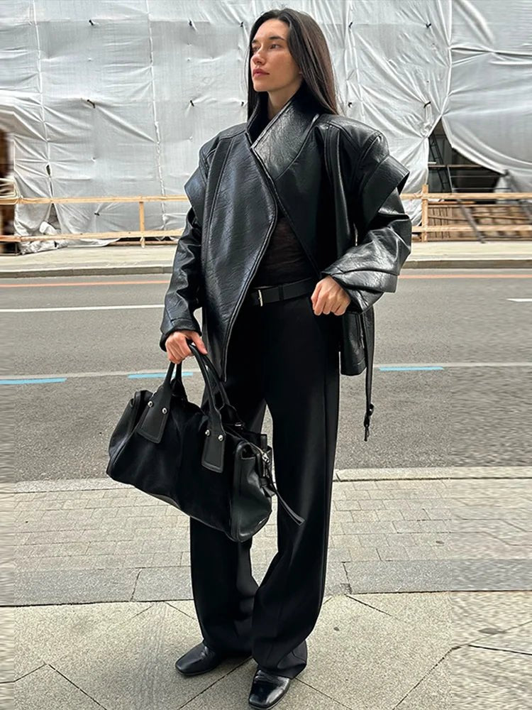 Vintage Leather Belted Jackets Women's Retro Side Zipper Stand Collar Coats With Pockets 2025 New Autumn Winter Ladies Outwear - Zevra