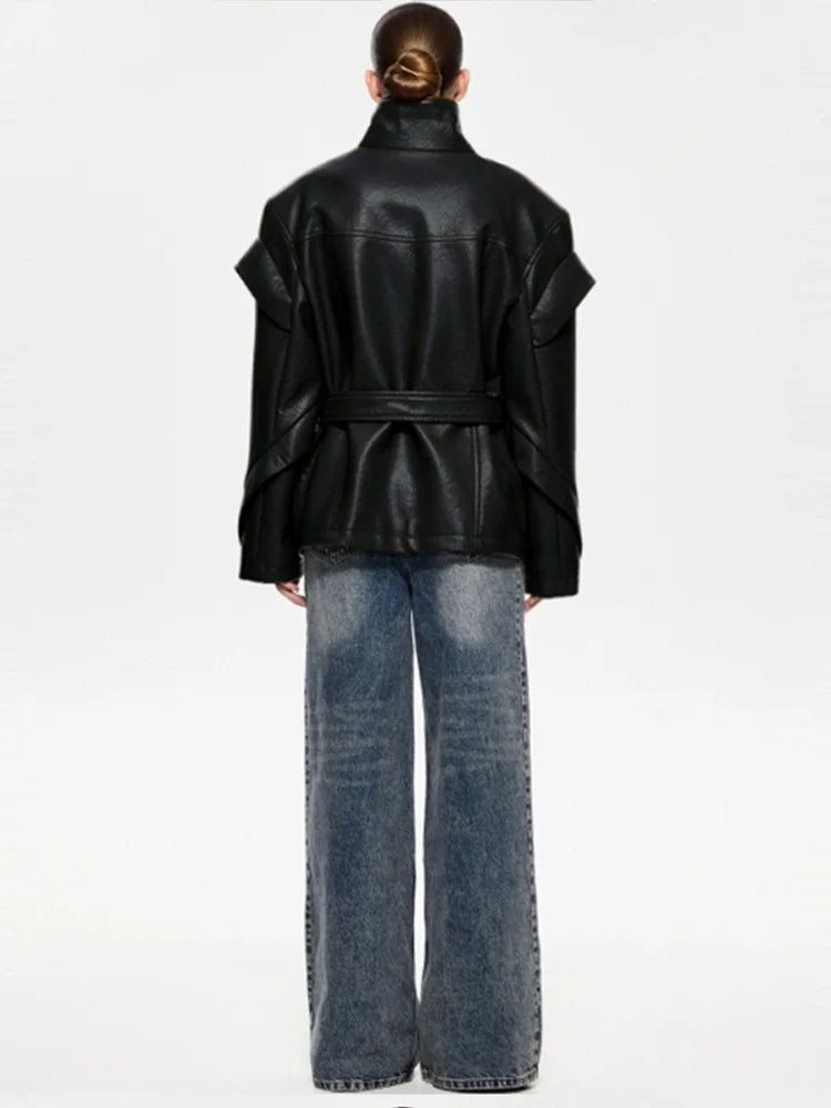 Vintage Leather Belted Jackets Women's Retro Side Zipper Stand Collar Coats With Pockets 2025 New Autumn Winter Ladies Outwear - Zevra